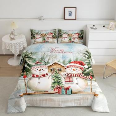 Imagem de Conjunto de edredom infantil com desenho animado de boneco de neve, estampa de Natal, reversível, cabana de fazenda, 2 peças, conjunto de edredom com tema de Feliz Natal, 1 fronha