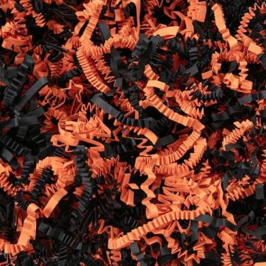 Imagem de Mefleet 900 g de papel de Halloween cortado enrugado papel desfiado preto e laranja para cesta de presente - enchimento de saco de caixa de presente - enchimento de almofada de grama para embalagem de