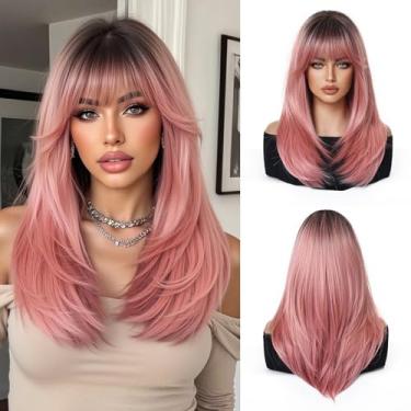 Imagem de Esmee Perucas longas e lisas rosa para mulheres com franja peruca de cabelo sintético natural ombré para uso diário e festa