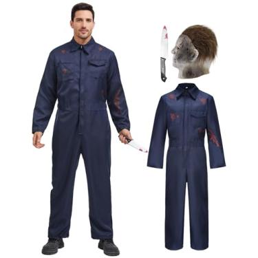 Imagem de Fantasia de assassino para homens adultos com máscara de sangue faca assustadora fantasia de Halloween macacão cosplay adereços de terror QM018M