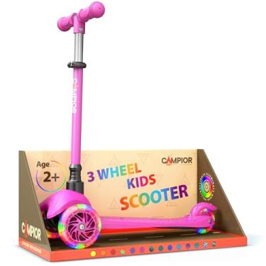 Imagem de Campior Mini scooter rosa de 3 rodas para crianças – inclinada para dirigir com rodas iluminadas por LED, guidão ajustável, plataforma antiderrapante ampla, rodas de poliuretano lisas, freio de pé
