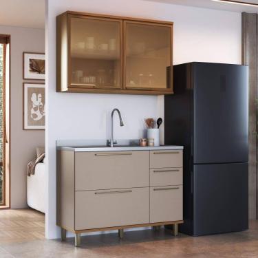 Imagem de Cozinha Modulada Compacta Fidelitá Barcelona 120cm 2 Peças 5 Portas Com Vidro 2 Gavetas Sem Tampo Freijó/Camurça