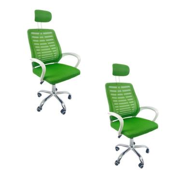 Imagem de Kit 2 Cadeiras Escritório Diretor Tela Mesh Com Encosto De Cabeça Verde E Branco