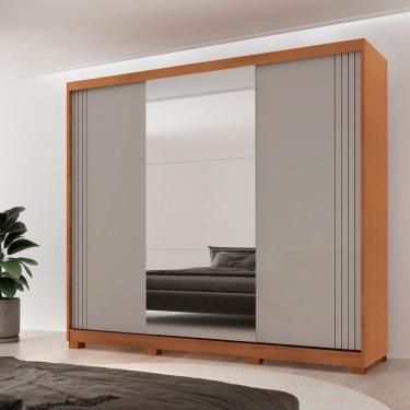 Imagem de Guarda-roupa Casal 100% Mdf 3 Portas de Correr 4 Gavetas 6 Prateleiras com Pés e Espelho Chile NATURALLE / OFF WHITE