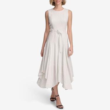 Imagem de Calvin Klein Vestido feminino de linho elástico com cinto, Combo branco/preto macio, 44