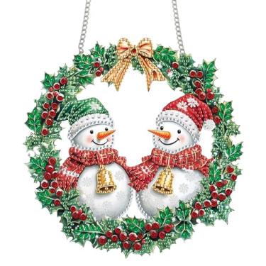 Imagem de Bimkole Kit de pendurar arte de diamante de boneco de neve para adultos, pingente de janela com pintura de diamante de Natal 5D, enfeite de pendurar em cristal acrílico para parede, casa, jardim