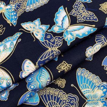 Imagem de MAYJOYDIY 1,1 jardas x 58,3 polegadas preto japonês borboleta impressa tecidos de algodão, tecido acolchoado estilo japonês, design bronzeador para costurar, roupas, bolsa, toalha de mesa, sofá