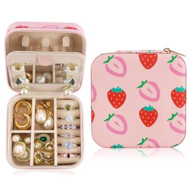 Imagem de PainZieteg Organizador de joias de viagem de morango, pequena caixa de joias para anéis, brincos, colares, batons, suporte de armazenamento, estojo, presente de aniversário e Natal