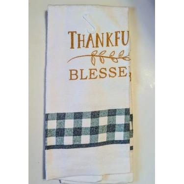 Imagem de ST. Toalha de mão decorativa de outono de Ação de Graças, branca e verde-petróleo com letras douradas, toalha de banheiro de algodão, 38 x 63 cm