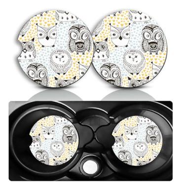 Imagem de Conjunto de 2 porta-copos de carro de coruja – Acessórios divertidos para carros de coruja 7 cm, tamanho universal, tapete de borracha antiderrapante, porta-copos embutidos, decoração de corujas