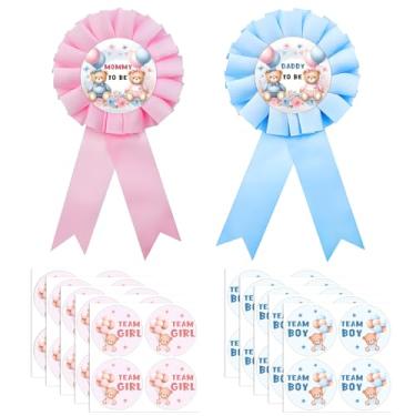 Imagem de TrinhGuo 42 peças de decorações reveladoras de gênero de urso ideias de revelação de gênero, decoração para revelação de sexo de bebe, alfinetes de crachá Mommy & Daddy To Be e adesivos de time menino