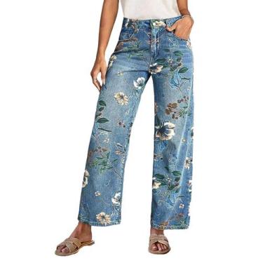 Imagem de Calças Flamingals Vintage Floral Straight Mid Blue para mulheres
