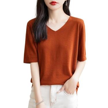 Imagem de Camisa de camada base Chanyarn 100% lã merino com decote em V para mul