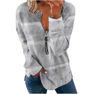 Imagem de Camisetas femininas listradas com zíper casual com decote em V manga c