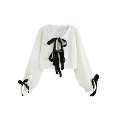 Imagem de Suéter de cardigã Verdusa Bow Tie Cropped Knit Cream para mulher