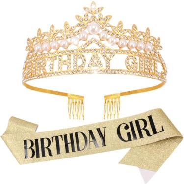 Imagem de Coroa e faixa de aniversário de ouro, tiara de aniversário de pérola, conjunto de decorações de aniversário de ouro, tiara de coroa de princesa para mulheres e meninas