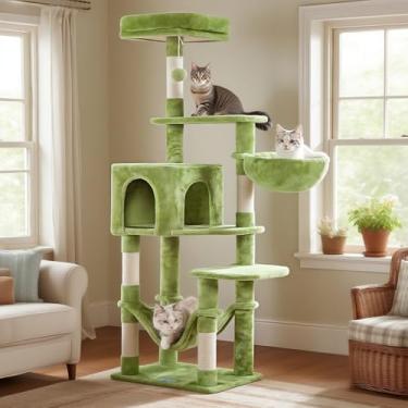 Imagem de Hey-brother Árvore para gatos com rede grande, torre de vários níveis para gatos internos, condomínio para gatos com postes de arranhar cobertos de sisal e poleiro, verde MPJ050GR