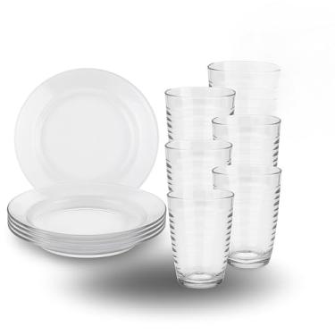 Imagem de Jogo De Prato Fundo e Copos de Vidro Transparente Kit