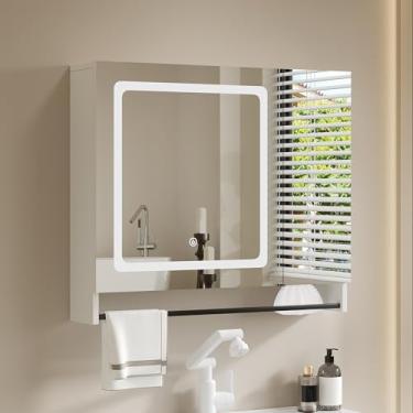 Imagem de ChooChoo Armário de remédios de banheiro com espelho, armário de espelho moderno com luzes LED, armário de parede de banheiro com fronhas ajustáveis, barra de toalha, branco