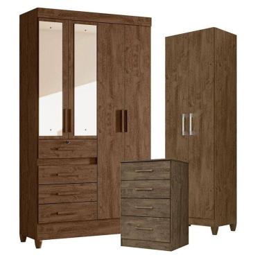 Imagem de Guarda Roupa Com Espelho Solteiro Sobral Com Cômoda Ms913 E Armário Multiuso New íris Castanho Wood - Moval