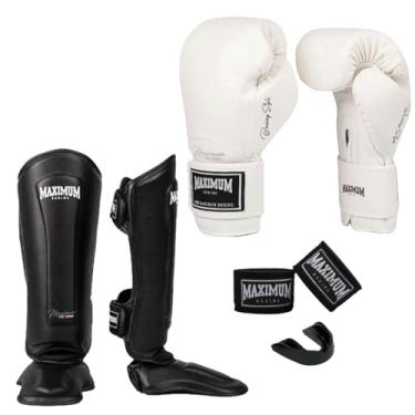 Imagem de Kit Luva de Boxe Classic Branca + Caneleira Muay Thai Preta + Bandagem 3m + Protetor Bucal - Maximum (LUVA 12oz + CANELEIRA P)