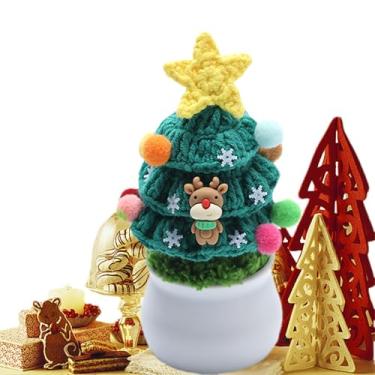 Imagem de Árvore de Natal de mesa, Árvore de Natal de crochê | Enfeite de mesa de árvore de malha com pote e veado - Artesanato, decoração de inverno para casa de cozinha interna de férias