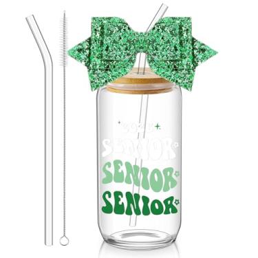 Imagem de Hushee Class of 2026 Senior Night Gifts Garrafa de água de vidro de 473 ml com tampas Canudos Glitter Bow Straw Topper Senior 2026 Tumbler Presente de Formatura para Mulheres Treinadoras de Equipe