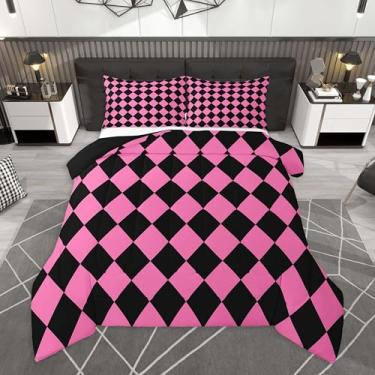 Imagem de Feelyou Conjunto de edredom infantil xadrez de diamante, tamanho casal, quadriculado, xadrez, clássico, rosa, preto, para decoração de quarto de crianças, meninos, meninas, microfibra, ultramacia