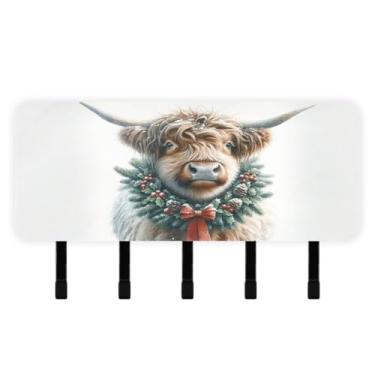 Imagem de Burbuja Porta-chaves Highland Cow usando uma guirlanda de Natal com 5 ganchos, porta-chaves autoadesivo montado na parede, organizador de armazenamento de correio para entrada, decoração de casa