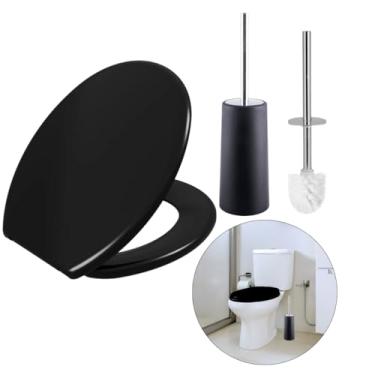 Imagem de Assento Vaso Sanitário Tampa Oval Soft Preto + Escova Sanitária Com Suporte Preto Base Redonda