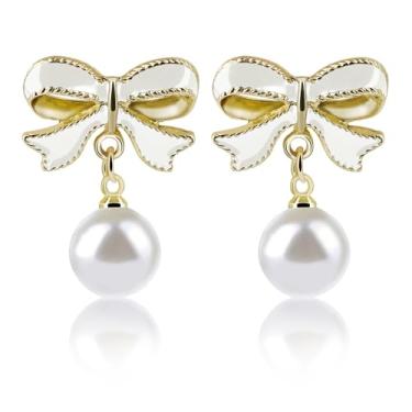 Imagem de Brincos de laço de ouro, brincos de prata delicados, brincos bonitos de fita, brincos de pingente de coração clássicos, elegantes e elegantes, brincos de pérola, joias modernas, presentes para