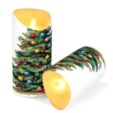 Imagem de ATTX Pacote com 2 velas de árvore de Natal em aquarela – 7,6 cm x 9,9 cm de LED com controle remoto e temporizador para casa, casamento, decoração de acampamento #497