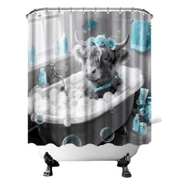 Imagem de Conipit Cortina de chuveiro Highland Cow decoração de banheiro com animais engraçados com 12 ganchos 182 x 182 cm (azul-petróleo)