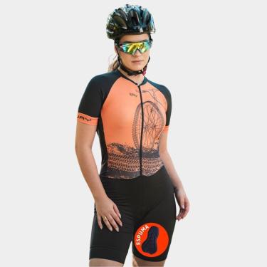 Imagem de Macaquinho de Ciclismo Profissional Forro em Espuma Bike Roda Laranja - M-Feminino