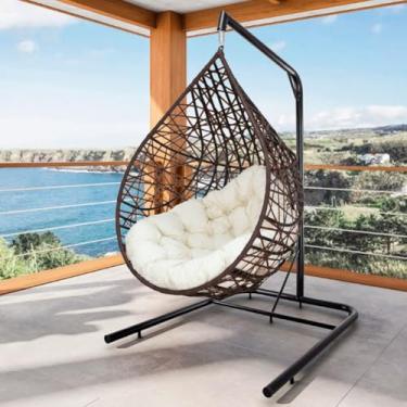 Imagem de Cadeira Balanço Ninho Suspenso Gota – Tramado com Suporte e Almofada Impermeável, Ideal para Varanda, Jardim e Sala de Estar (Tabaco com Branco Gelo)