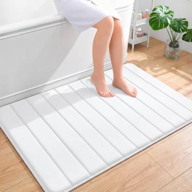 Imagem de OLANLY Tapete de banho listrado de espuma viscoelástica 111 x 81 cm, tapetes de banheiro absorventes super macios, secagem rápida, tapetes de chuveiro laváveis na máquina, tapete de banho, acessórios
