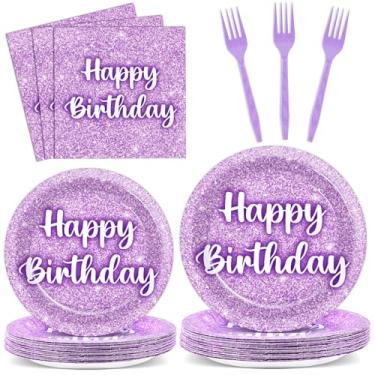 Imagem de 96 peças de pratos e guardanapos roxos para festa de aniversário com glitter roxo K-pop decorações de utensílios de mesa descartáveis com glitter para meninas e mulheres, aniversário, casamento