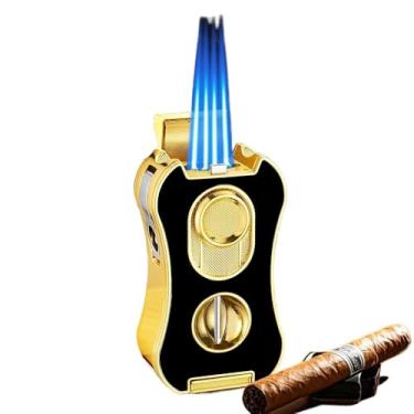 Imagem de JDIME Isqueiro funcional 6 em 1 Black Technology Acendedor quatro diretos à prova de vento com suporte de cigarro tesoura em V tesoura plana (A)