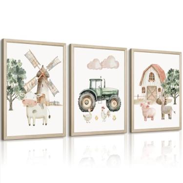 Imagem de Decoração de parede de animais de fazenda de berçário, impressões em tela, berçário, crianças, fazenda, quadros, quadros, quadros, decoração de parede, pintura de trator verde, arte para quarto de