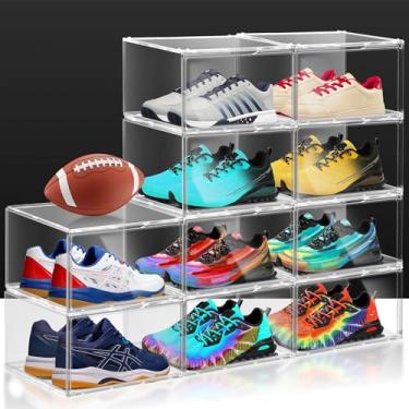 Imagem de 3BBYJL Pacote com 14 caixas de plástico para sapatos tamanho 13, estojo transparente empilhável para sapatos com porta de acrílico magnético para armazenamento de tênis, chapéus, figuras