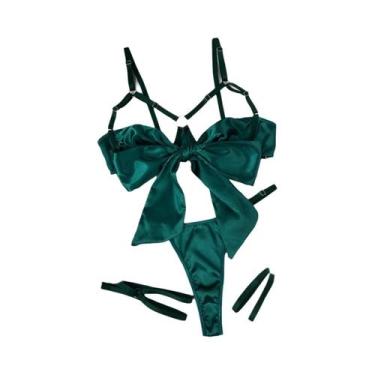 Imagem de Conjunto De Lingerie Sexy Feminina Em 3 Peças De Cetim Com Sutiã Com L