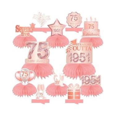 Imagem de Feliz aniversário de 75 anos mesa de centro de mesa de favo de mel balões tema decoração decoração de mesa topos de mesa para meninas mulheres doce princesa 75 anos rosa aniversário festa de
