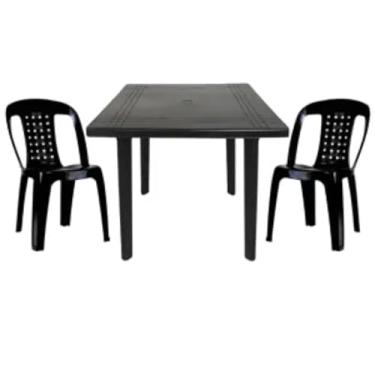 Imagem de Mesa Quadrada Plástico Desmontável 90cm Preta + 2 Cadeiras Empilhável
