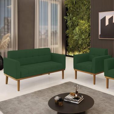 Imagem de Conjunto Poltrona E Namoradeira Decorativas Pés Fixo Em Madeira Castanho Veludo Verde Esmeralda