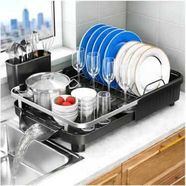 Imagem de Kmiectse Escorredor de pratos – Escorredor de pratos expansível para balcão de cozinha, escorredor de pratos de aço inoxidável com suporte de utensílios, preto