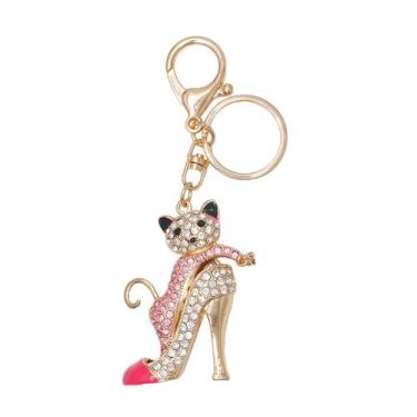 Imagem de Chaveiro Cute Cat High Heel para mulheres com strass de cristal rosa -