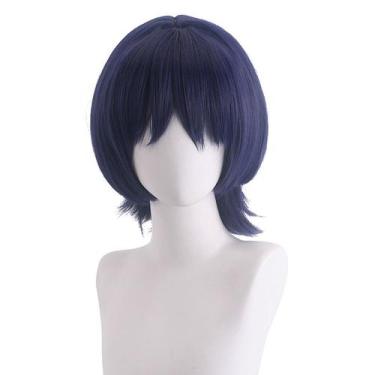 Imagem de Peruca de cosplay curta azul escuro em camadas com franja de 30 cm de 