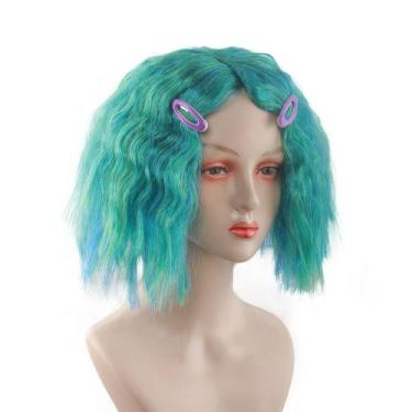 Imagem de Peruca de cosplay verde ondulada curta de 35 cm sintética resistente a