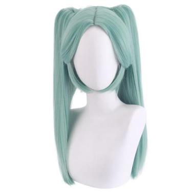 Imagem de Peruca de cosplay verde menta de 40 cm de cauda dupla curta com franja