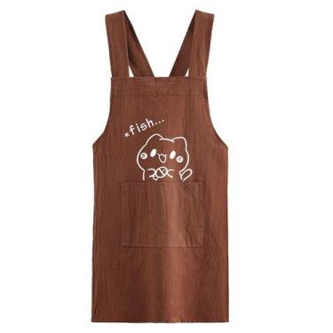 Imagem de Avental de algodão de estilo japonês com estampa de gato fofa e bolso 